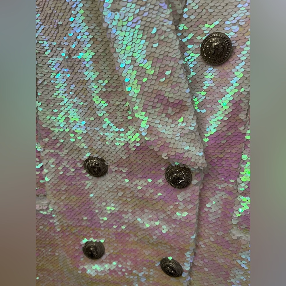 White Sequin Pearl Blazer With Silver Lion Head Buttons Size Small - Picture 4 of 11